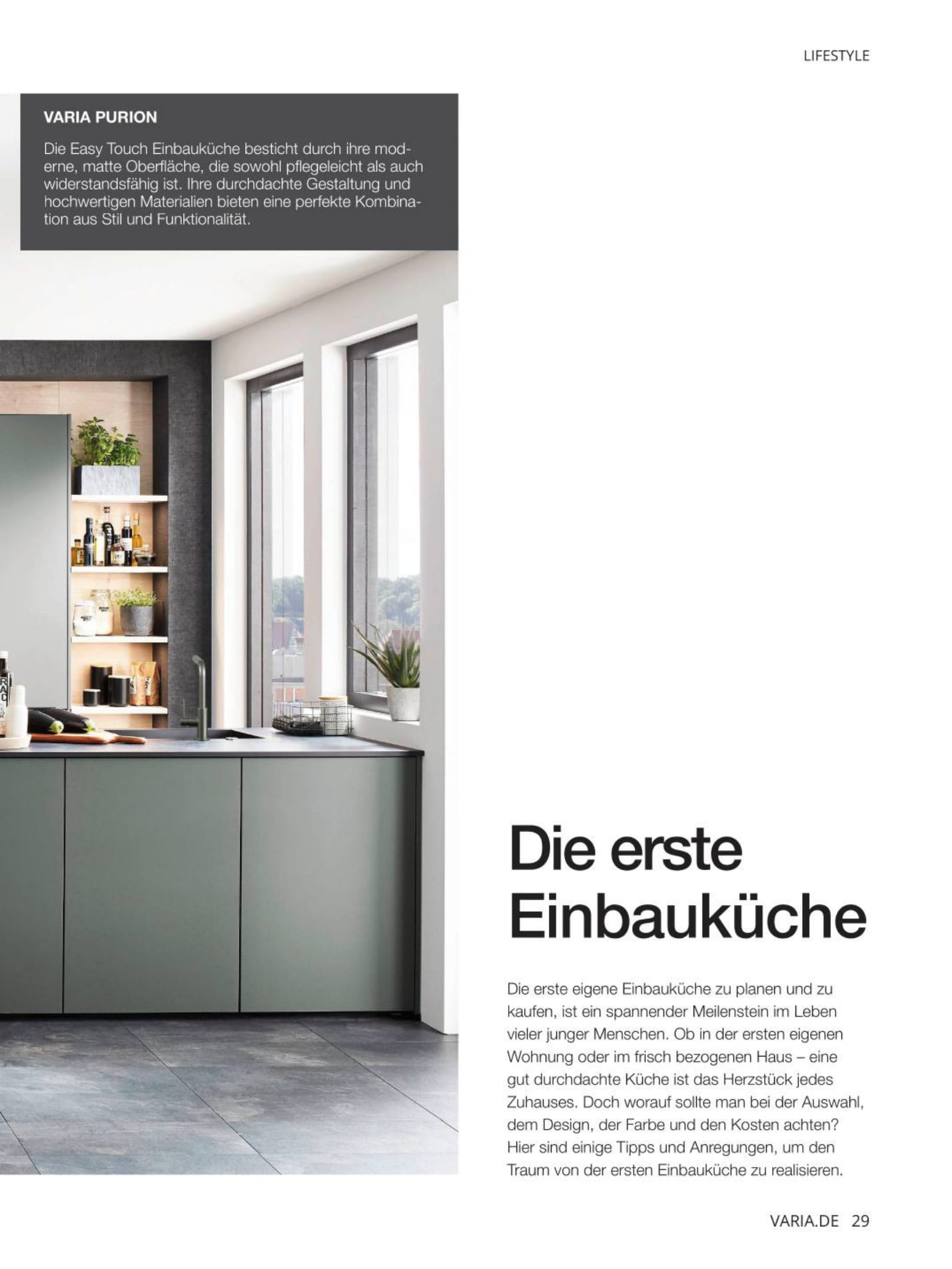 Seite 29: „Die erste Einbauküche“ mit einer varia-Purion-Küche