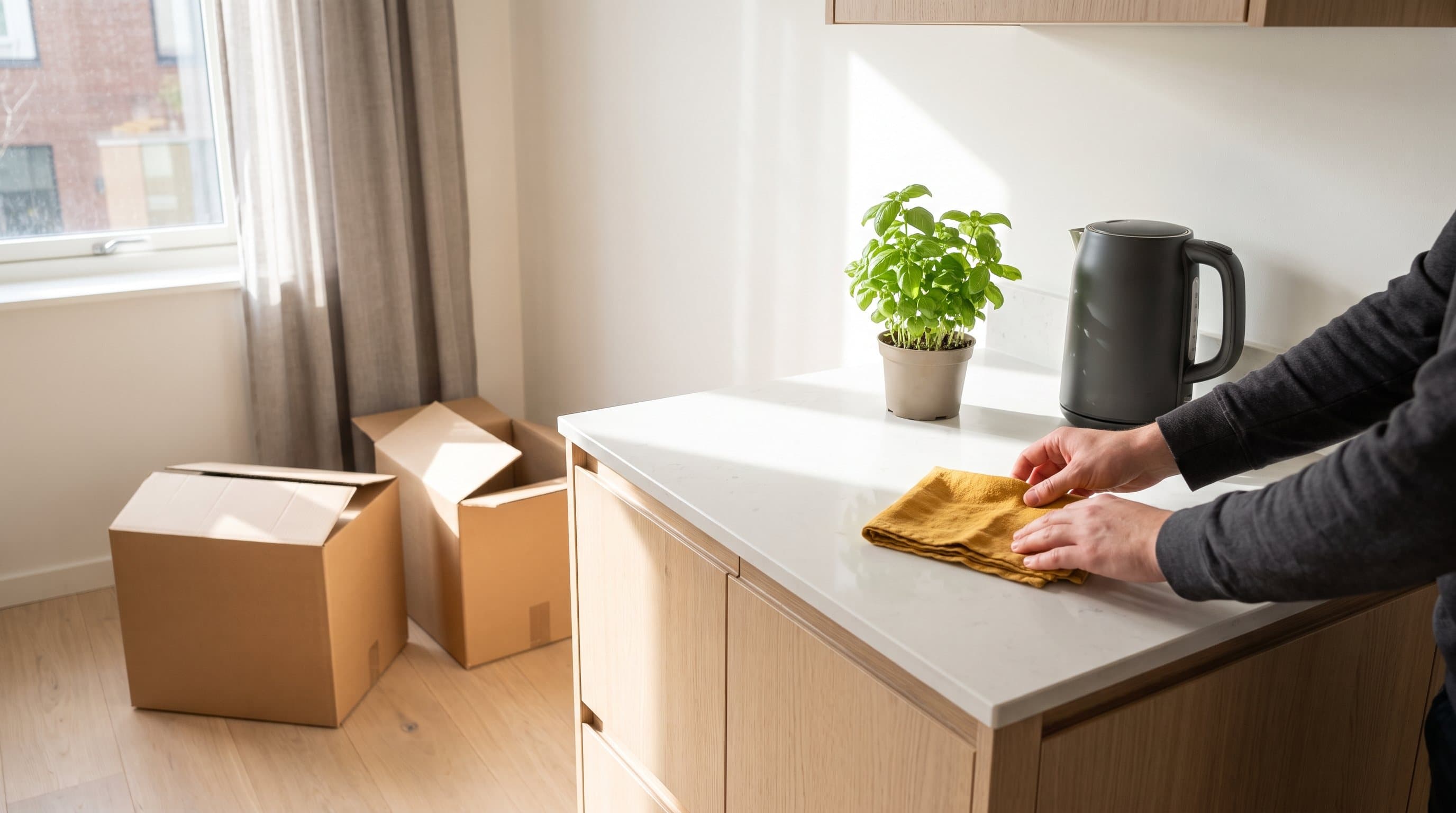 Umzugskartons neben einer neuen hellen Küchenzeile, eine Hand wischt die Arbeitsplatte