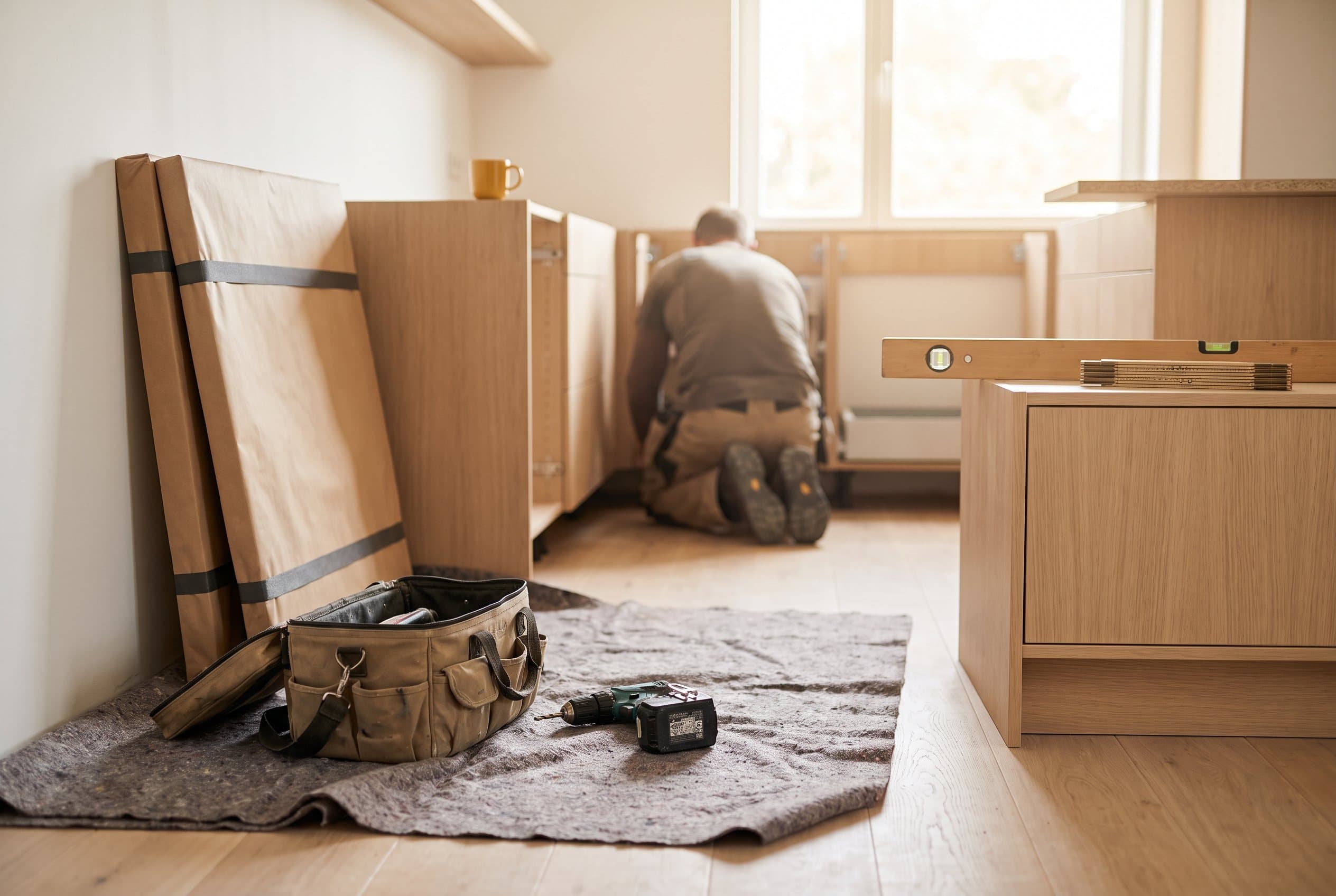 Montage in einer hellen Küche: Werkzeugtasche und Akkuschrauber auf einer Schutzdecke, eingepackte Fronten lehnen an der Wand