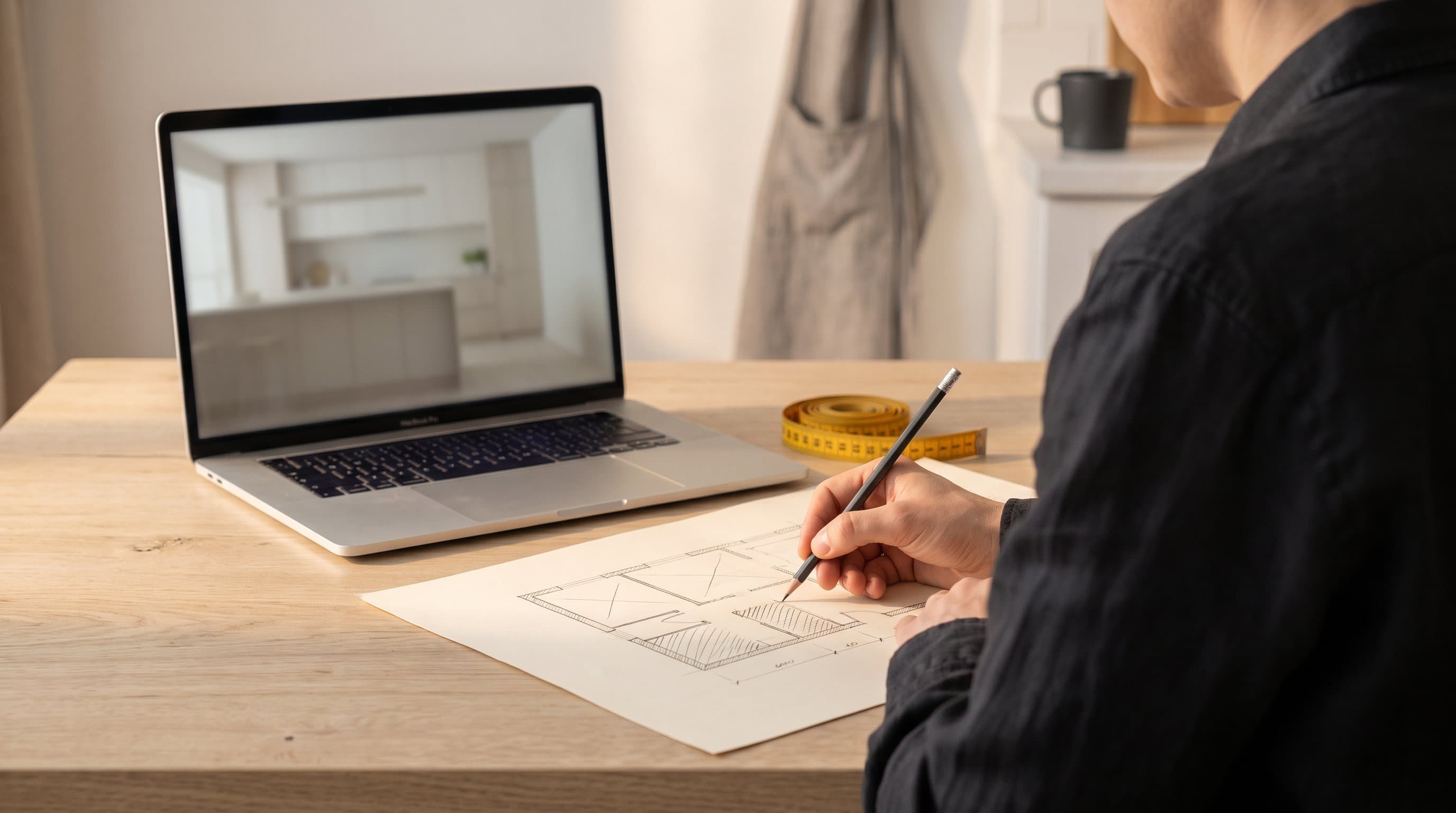 Grundriss-Skizze und Laptop mit 3D-Küchenansicht auf einem Eichentisch, daneben ein safrangelbes Maßband