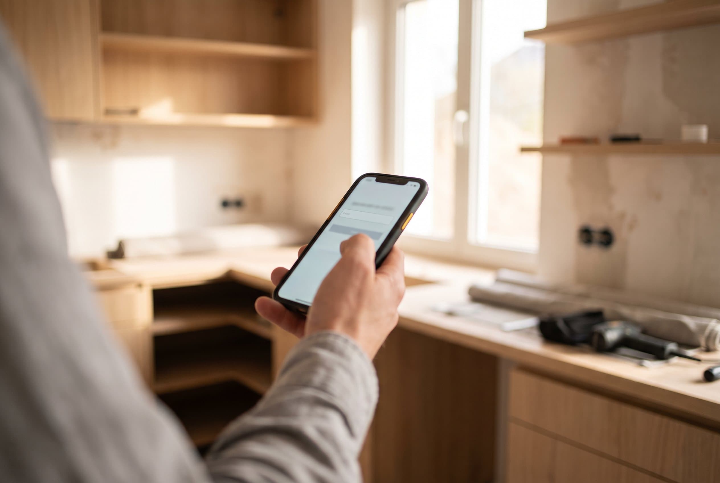 Eine Hand hält ein Smartphone mit einem Eingabefeld, dahinter unscharf eine helle Küche
