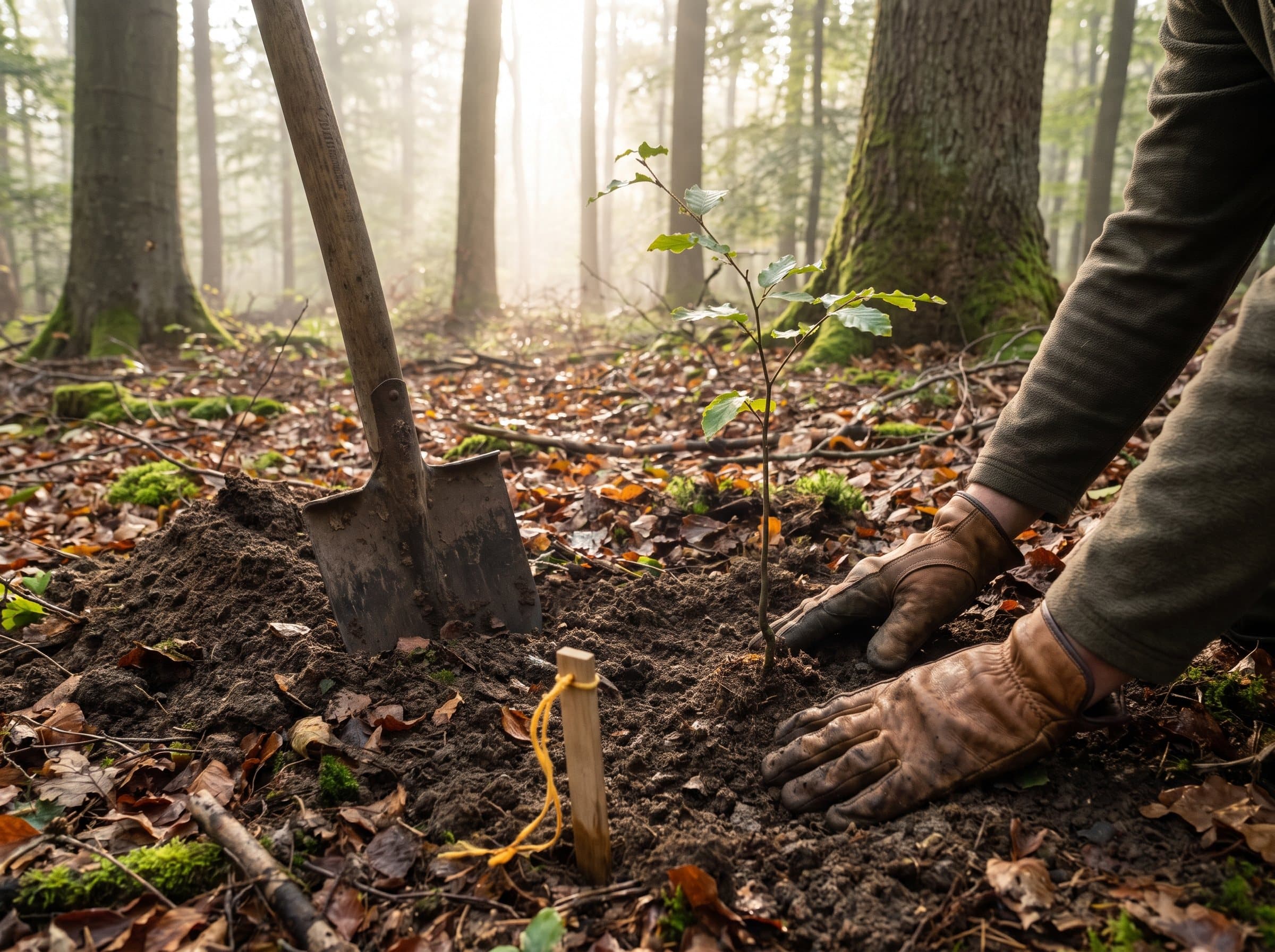Hände in Arbeitshandschuhen setzen einen jungen Laubbaum in den Waldboden, daneben steckt ein Spaten