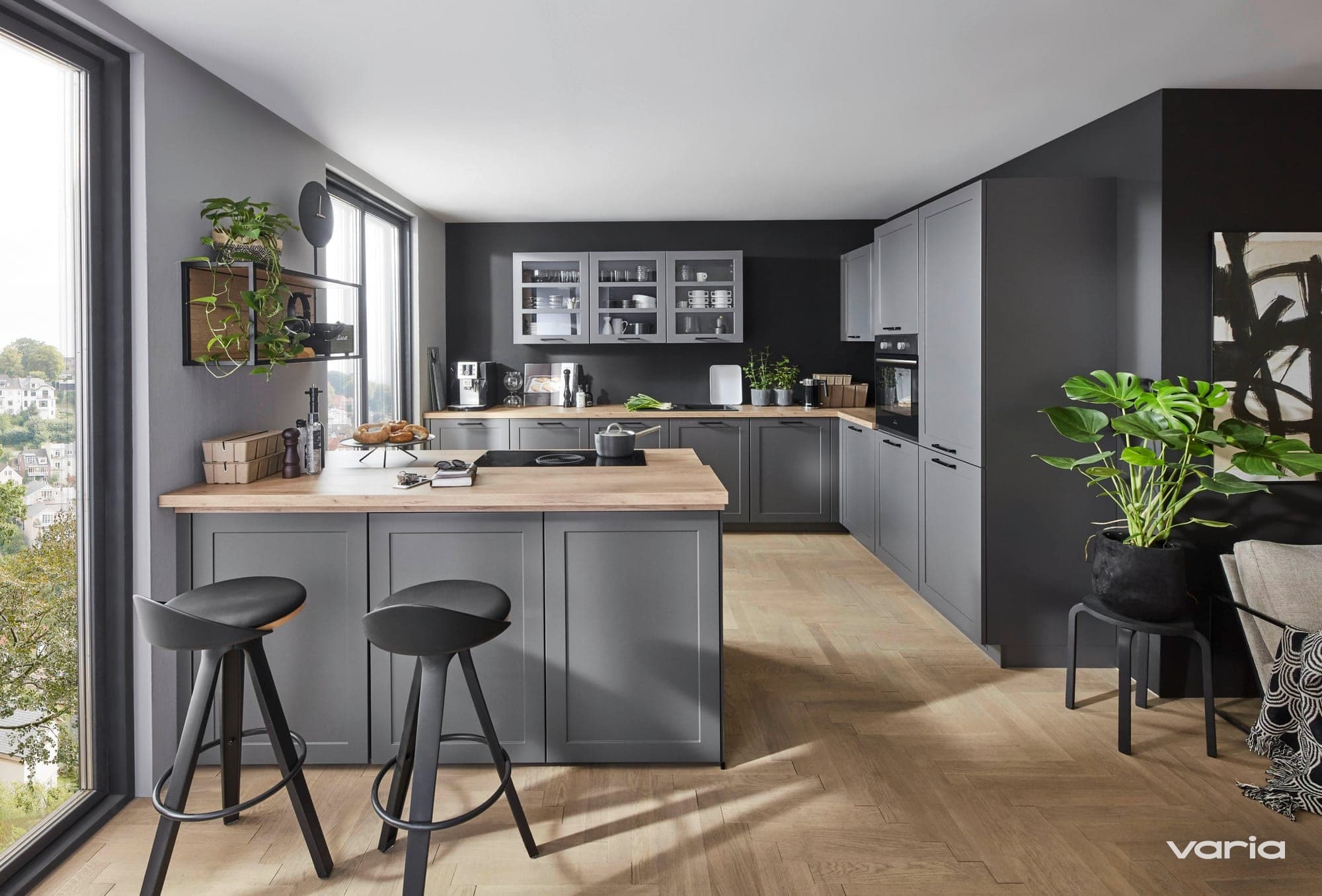 L-Küche mit Kochinsel, Landhausstil in Anthrazit, Siemens studioLine. Purion Modell Kiel